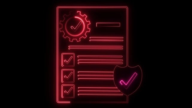 Glowing red neon checklist document with gear and shield symbols representing assurance, compliance, business certification, security verification, and successful project completion process