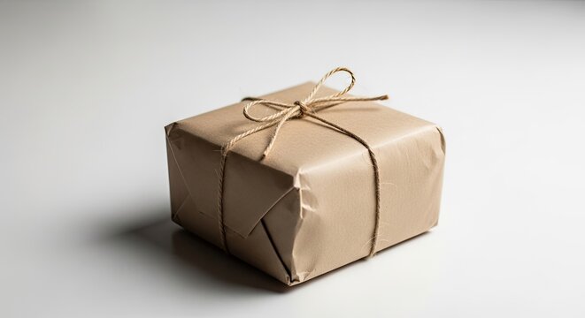 A wrapped gift sits on a white surface. The gift is wrapped in brown paper and secured with twine.