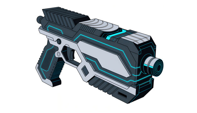 Futuristic sci-fi blaster gun, 2D digital illustration of a high-tech space weapon.