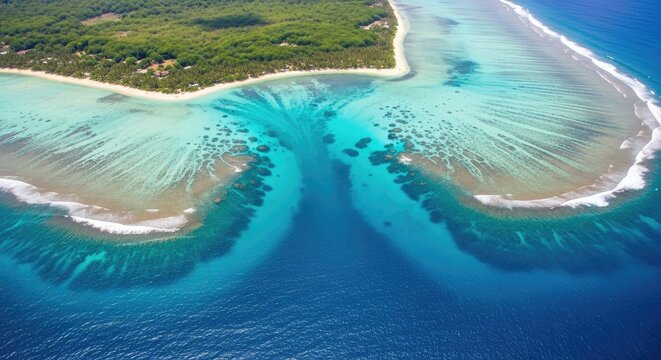An aerial photograph showcases a stunning atoll with a dramatic channel cutting through it. The channel creates a vibrant turquoise and blue water flow, flanked by sandy beaches and coral reefs.