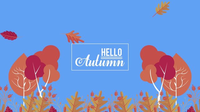 Hello Autumn animated text with falling leaves and autumn foliage.