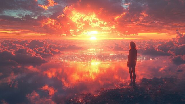 Silhouette Of A Person Standing Above Clouds At A Fiery Vibrant Sunset In A Dreamy Fantasy World