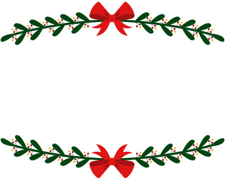 Christmas wreath with red bow branches frame, holiday ornaments
