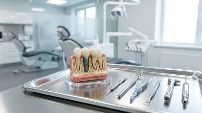 A dental professional demonstrates an implant restoration procedure to a patient. A model of a tooth with an implant is placed on a stainless steel tray, alongside dental instruments and equipment.