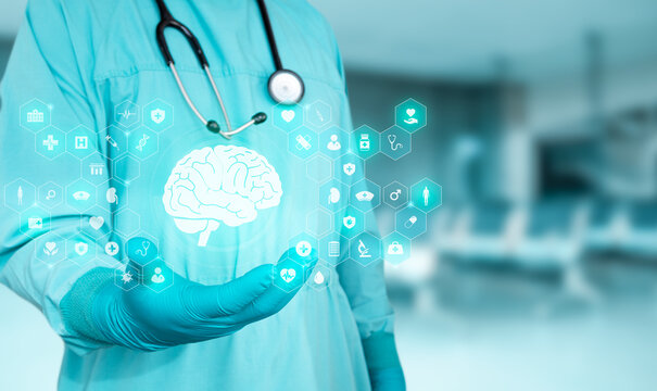 Innovation in neurological health and technology for Alzheimer's diagnosis. The specialist displays a graphic representation of the brain against a bokeh background. Isolated.