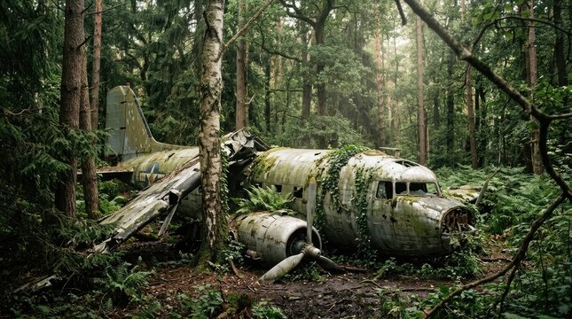 An abandoned World War II Douglas C-47 Skytrain airplane rests deeply within a dense, overgrown forest.
