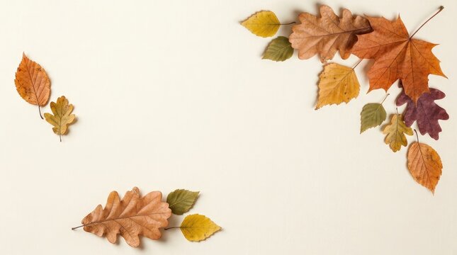 A corner border arrangement of various colorful autumn leaves on a light beige textured background, seasonal fall foliage display for autumn