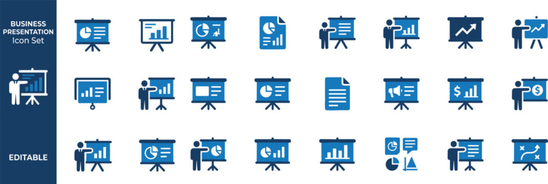 Modern flat vector illustration set of business presentation and data visualization icons for corporate analytics, reports, and marketing strategy