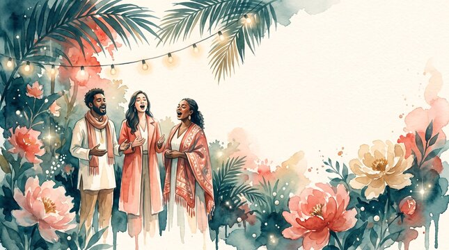 Diverse choir singers performing tropical Christmas carols among flowers