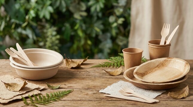 A rustic table setting features biodegradable plates, bowls, and cups arranged outdoors. A linen cloth and napkins are placed on the wooden table.