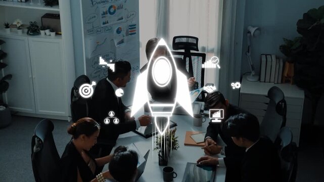 A dynamic business meeting scene featuring a team gathered around a table, discussing innovative strategies for startup growth, with technology icons representing ideas. Raster