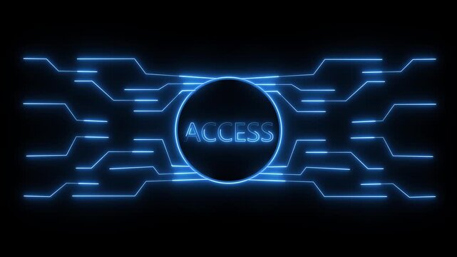 Neon blue digital interface displaying access text inside central circle with circuit board lines pulsing across black background creating glowing futuristic motion graphics.