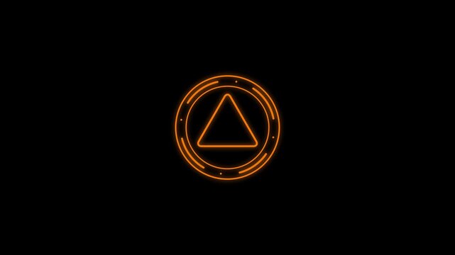Animated orange caution warning symbol in triangle with circular HUD elements on black background, digital alert concept, danger sign motion graphic.