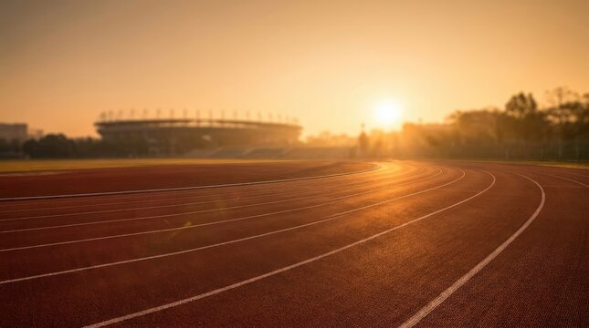 The sun rises over a running track, casting a warm glow on the red surface. A large stadium stands in the background, silhouetted against the vibrant sky.
