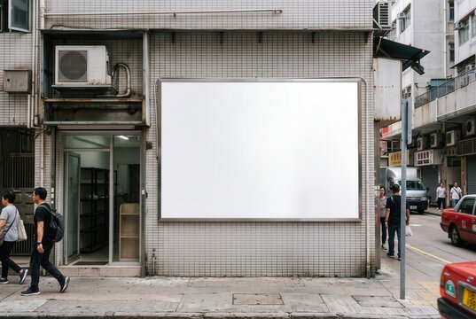 Blank billboard mockup on tiled building wall in street. Pedestrians walk on sidewalk near storefront. Empty poster frame display for outdoor advertising space design presentation copy.