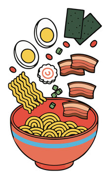 Japanese Ramen Noodle Bowl Vector Clipart Illustration. Generative AI