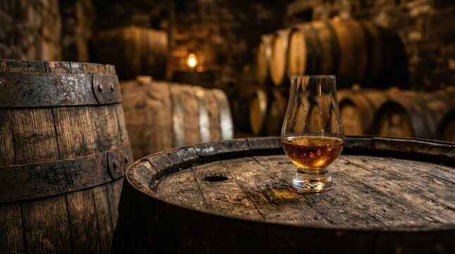 A glass of amber liquid sits on the weathered surface of a wooden barrel in a dimly lit cellar. Several more barrels are stacked in the background, adding to the rustic atmosphere.