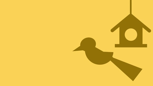 a brown bird flying toward a small wooden birdhouse hanging above on a yellow background for spring themed motion design