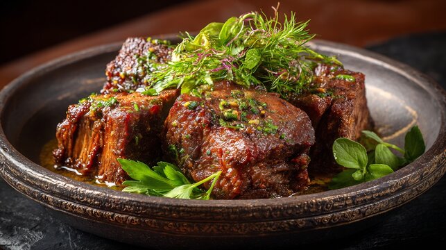 Gourmet braised beef chunks in a dark rustic bowl topped with fresh microgreens and parsley