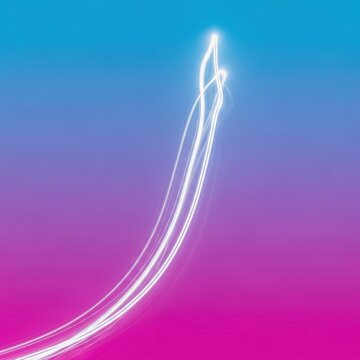 Abstract glowing white light trail ascending from the bottom left corner across a vibrant cyan and magenta gradient background, featuring curved long exposure motion streaks.