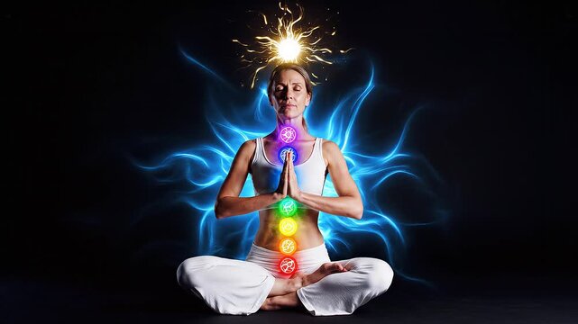 Meditating Human Body with Glowing Seven Chakras and Blue Energy Aura, Lotus Pose &mdash; Spiritual Healing Animation