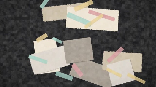 Stop motion animation of torn paper notes with pastel washi tape drifting on a dark textured background