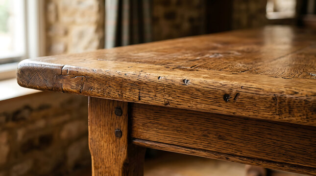 Detailed antique wooden table edge with rustic grain and natural texture in a classic home interior