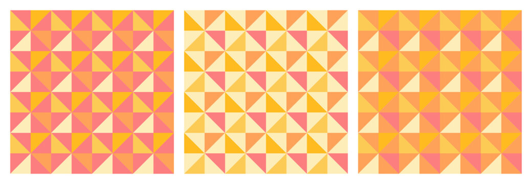3 pattern versions in red, orange, and yellow seamless geometric pattern with triangles