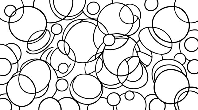 Abstract black and white line art pattern of overlapping circles and ovals, graphic element with copy space