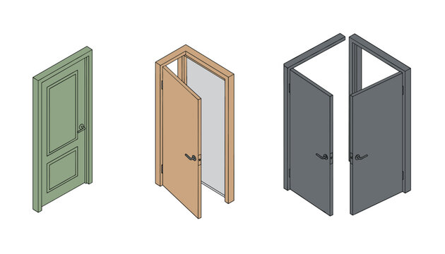 Set of isometric doors in different configurations including closed single, open single, and open double door styles.