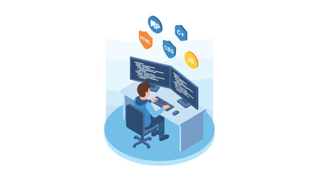 Software developer working at a dual monitor workstation with various programming language icons floating in the air.