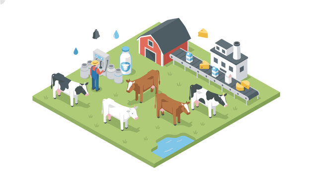 Isometric dairy farm scene shows cows grazing on green pasture, a red barn, milk processing equipment, and a small factory building.