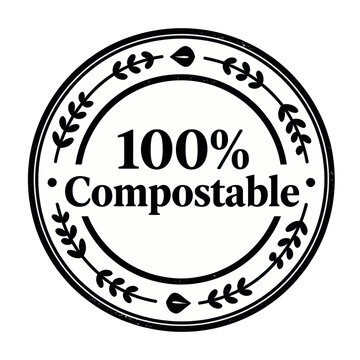 Black and white circular eco-friendly emblem featuring 100 percent compostable text with decorative leaf wreath and rustic distressed texture for sustainable packaging design