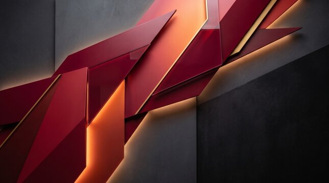 Abstract Modern 3D Geometric Background Featuring Layered Red and Orange Glass Polygons with Glowing Edges on a Dark Textured Surface Design