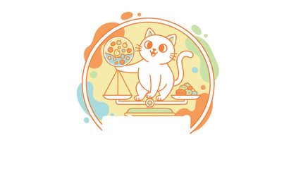 Fototapeta premium Cute cartoon cat sitting on a balance scale weighing healthy fruits and vegetables representing diet and nutrition balance.