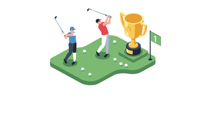 Fototapeta premium Professional golf players practicing their swing on a green next to a large gold trophy representing sports excellence.