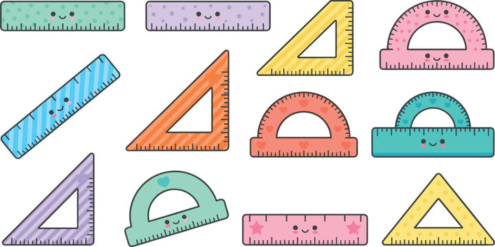 Cute Kawaii Ruler Vector Set Featuring Pastel Pastel Colored Geometric Tools Straight Rulers Set Squares and Protractors with Faces Isolated on White Background