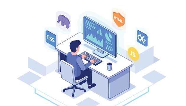 Software developer working at a desk with coding language icons like CSS, HTML, and JS representing modern web programming.