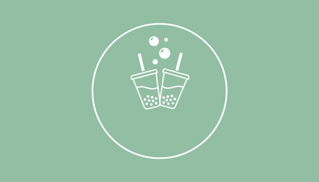 Modern and minimalist bubble tea logo featuring two cups with straws and floating bubbles on a soft green background.