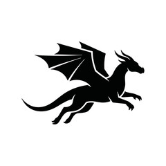 Fototapeta premium A majestic black dragon silhouette in a dynamic pose with wings and horns - ideal for fantasy branding, gaming logos, mythical creature illustrations, and powerful design elements
