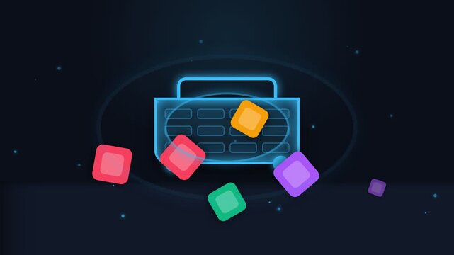 Abstract Digital Animation Featuring Neon Geometric Shapes Floating Into A Glowing Suitcase.