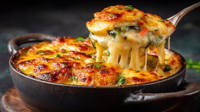 Cheesy vegetable gratin with melted cheese pull and sliced zucchini in a black ceramic pan