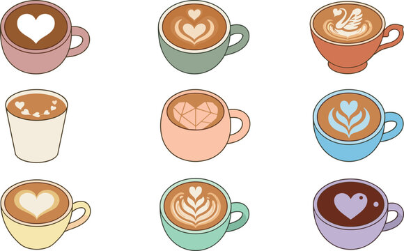 Cute Latte Art Coffee Cup Vector Icon Set with Heart Swan Tulip and Rosetta Foam Designs for Cafe Menu Illustrations
