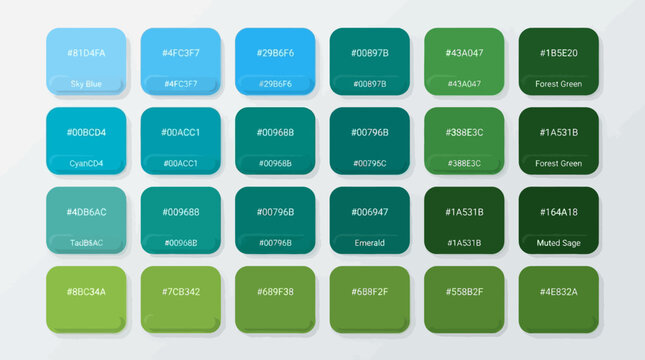 Color palette chart featuring various shades of blue and green with hex codes.