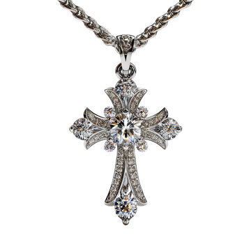 Ornate diamond cross pendant with white gold chain in studio lighting for religious or luxury concepts
