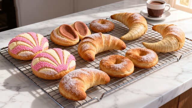 Assorted Mexican pan dulce including conchas on wire rack with hot chocolate