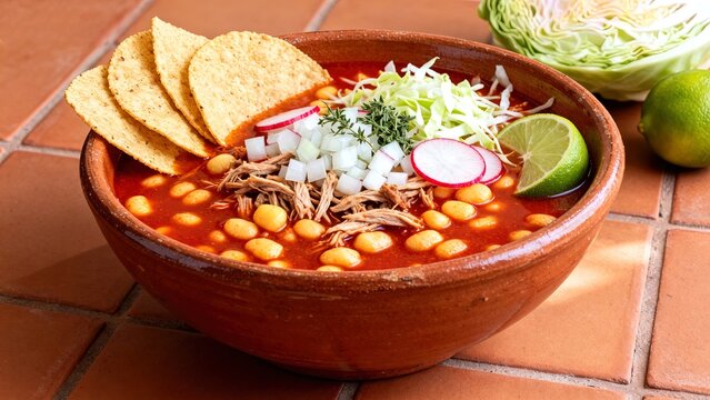 Pozole rojo Mexican hominy soup with pork in traditional pottery bowl