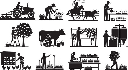 Fototapeta premium Set of black silhouettes representing agricultural work, farming tasks, livestock management, harvesting, and food production processes