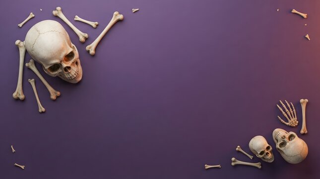 Dramatic still life featuring human skulls and bones against a dark purple background