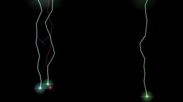 Electric arcs of green and pink light strike downward against a black background with bright impact points at their bases